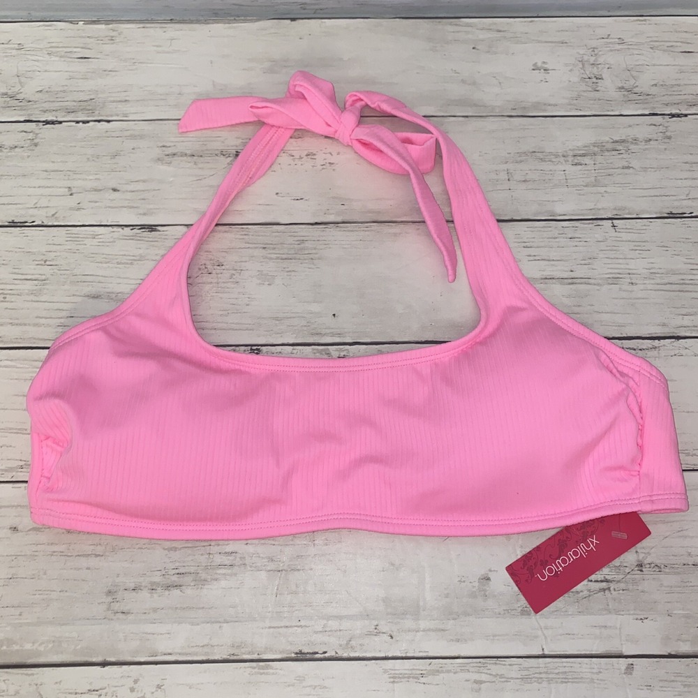 Xhilaration Bikini Top‎ Womens XL Neon Pink Solid Ribbed Swim Bra Tie Swim XL